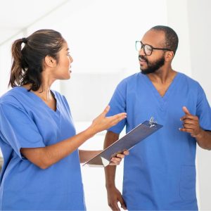 health care workers talking